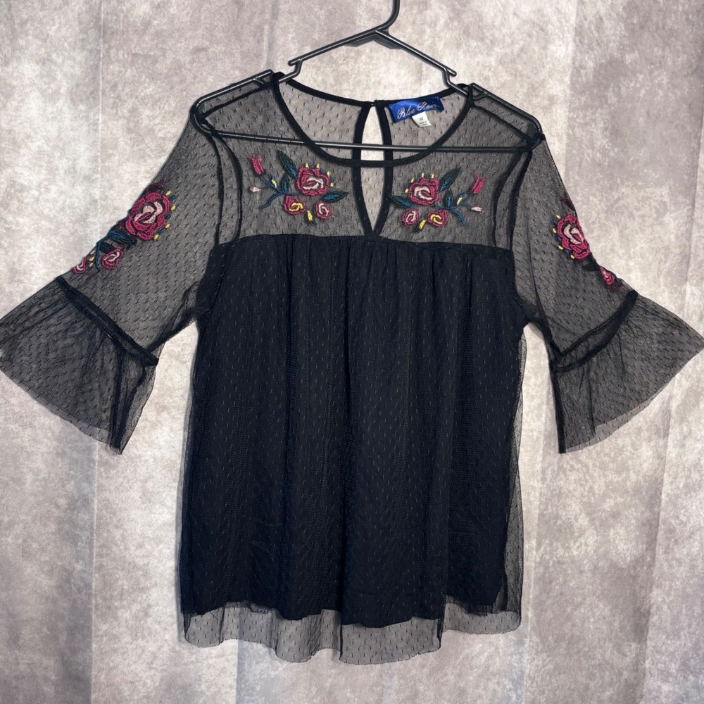 Blue Rain Embroidered Mesh Bell Sleeve Top Size Medium Black Whimsical Boho